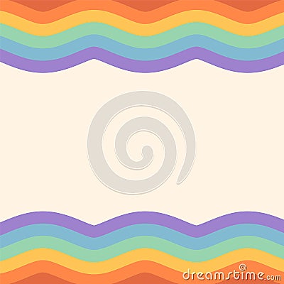 Rainbow wavy vector frame on beige background with copy space. Retro groovy square design for social media post, ad Vector Illustration