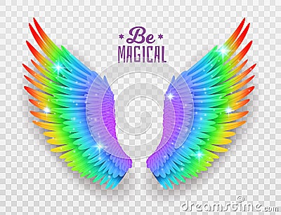 Rainbow wings. Realistic bright freedom symbol, symmetric shapes, pride color feathers, beautiful magical multicolor Vector Illustration