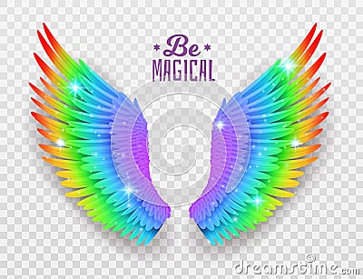 Rainbow wings. Realistic bright freedom symbol, symmetric shapes, pride color feathers, beautiful magical multicolor bird elements Vector Illustration