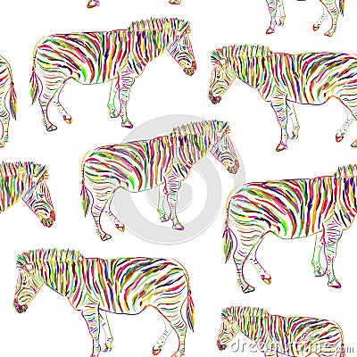 Rainbow Zebra portrait seamless pattern sketch isolated on white background. Vector Vector Illustration