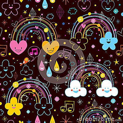 Rainbows clouds hearts cartoon pattern Vector Illustration