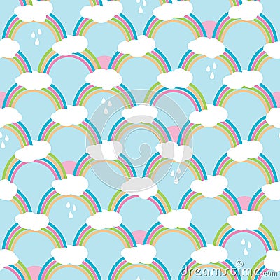 Rainbows with clouds and rain drops. Cute seamless pattern, cartoon vector illustration for nursery fabric, background Vector Illustration