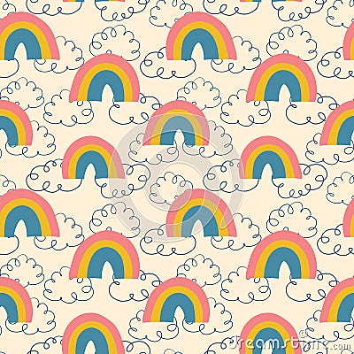 Rainbows and clouds seamless vector pattern kids Vector Illustration