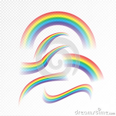 Rainbows set different shape realistic on transparent background. Vector isolated rainbow arch design concept Vector Illustration