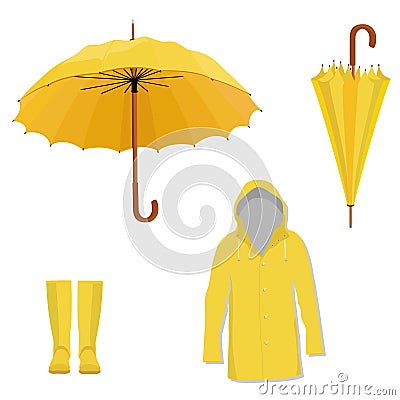 Raincoat, boots, umbrella Stock Photo