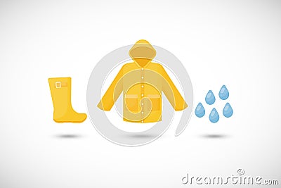 Raincoat, rainboots and rain drops flat icons set Cartoon Illustration