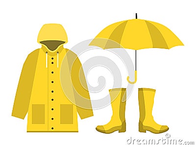 Raincoat, rubber boots, open umbrella, set of rainy season in flat on white background design vector Vector Illustration