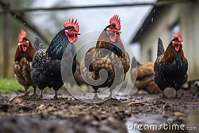 raindrops falling on hens pecking at a muddy ground Stock Photo