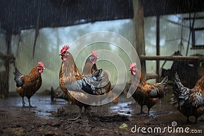 raindrops falling on hens pecking at a muddy ground Stock Photo