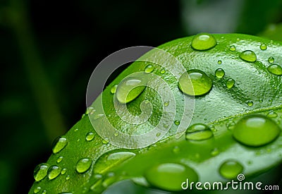 raindrops on fresh green leaves on a black background. Macro shot of water droplets on leaves. Waterdrop on green leaf after a Stock Photo