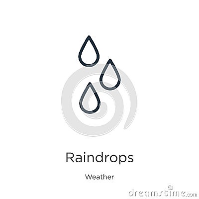 Raindrops icon. Thin linear raindrops outline icon isolated on white background from weather collection. Line vector sign, symbol Vector Illustration