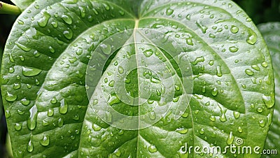 Raindrops water on a green leaf. Fresh, juicy, beautiful tree leaf close-up. Summer, spring background. Stock Photo