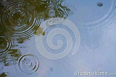 raindrops on the water surface in a puddle with graduated drop shadow and blue sky reflection Stock Photo