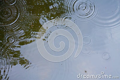 raindrops on the water surface in a puddle with graduated drop shadow and blue sky reflection Stock Photo