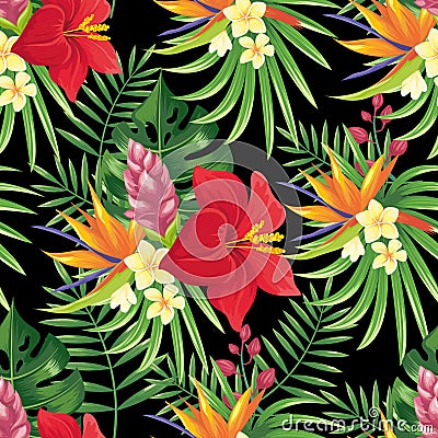 Rainforest flowers seamless pattern. Tropical flower leaves, tropic jungle plants and exotic floral branch vector Vector Illustration