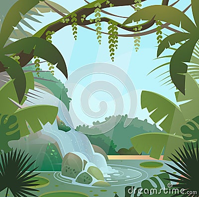 Rainforest in jungle with palms and waterfall Vector Illustration