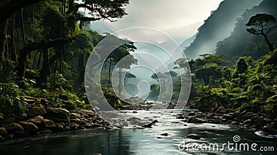 Rainforest landscape with trees and fog. Generative AI. Stock Photo