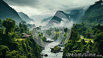 Rainforest landscape with trees and fog. Generative AI. Stock Photo