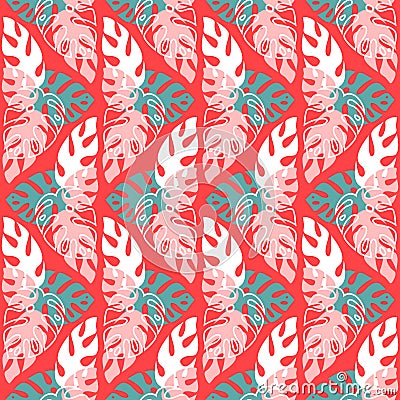 Rainforest seamless pattern on red background, palm leaf, trendy vector illustration for textile and wrapping paper Cartoon Illustration