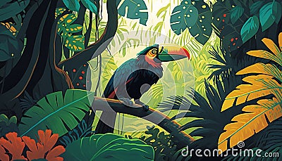 Rainforest with toucan, leaves and flowers. Illustration of a tropical background with colorful birds perched on a branch. Stock Photo