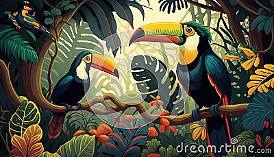 Rainforest with toucan, leaves and flowers. Illustration of a tropical background with colorful birds perched on a branch. Stock Photo