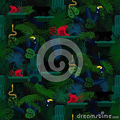 Rainforest wild animals and plants seamless pattern. Vector Illustration