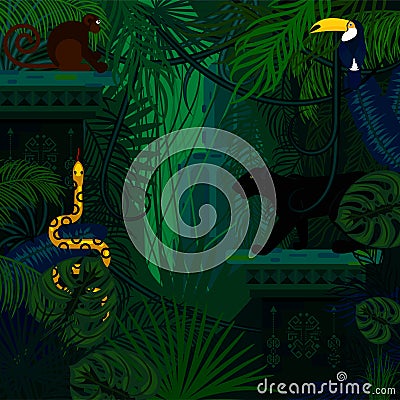 Rainforest wild animals and plants vector background. Vector Illustration