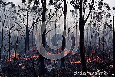 Rainforest wildfire environment disaster background. Jungle forest bushfire scene with dire consequences for nature Stock Photo