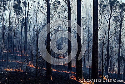 Rainforest wildfire environment disaster background. Jungle forest bushfire scene with dire consequences for nature Stock Photo