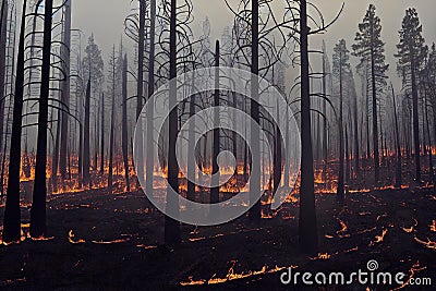 Rainforest wildfire environment disaster background. Jungle forest bushfire scene with dire consequences for nature Stock Photo