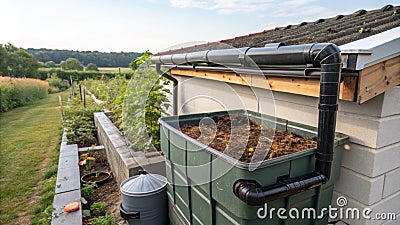 Rainwater collection system directing moisture to enhance the composting process while conserving resources.. Stock Photo