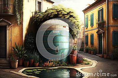 Rainwater harvesting system colored illustration. Generative AI. Cartoon Illustration