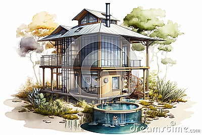 Rainwater harvesting system colored illustration in watercolor style. Generative AI. Cartoon Illustration