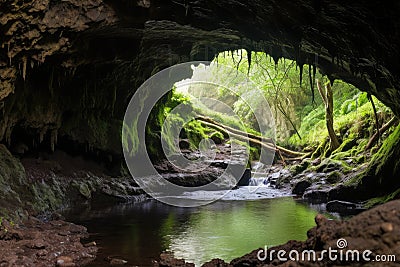rainwater trickling into a shallow cave Stock Photo