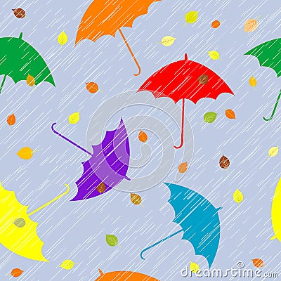 Rainy autumn background with umbrellas and leaves Vector Illustration