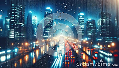 Rainy Cityscape with Glowing Lights at Night, AI Generated Stock Photo