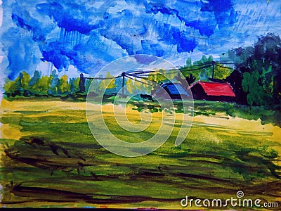 Rainy clouds ,farmland and hidden cottages Stock Photo