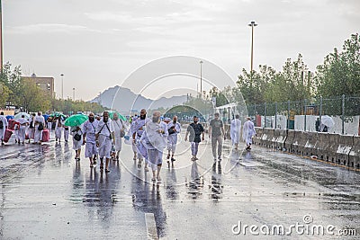 Rainy day in Arafat,Hajj, Pilgrims performing Hajj, Islam, Makkah, Saudi Arabia, August 2019 Editorial Stock Photo