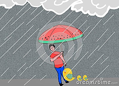 Illustration Of Rainy Day, Birds Shelter Under The Boy Umbrella. Stock Photo