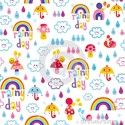 Rainy day clouds rainbows umbrellas raindrops snails kids seamless pattern Vector Illustration