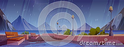 Rainy day on seaside city promenade Vector Illustration