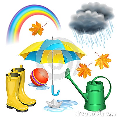 Rainy day set. Umbrella, boots, rainbow, clouds with raindrops Vector Illustration