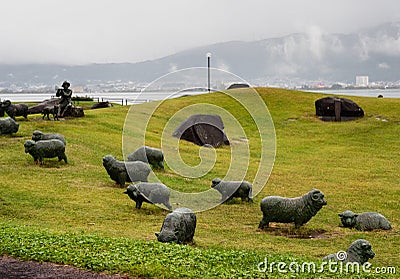 Rainy day at Suwa Lakeside Park with heavy clouds covering the mountains around Lake Suwako Editorial Stock Photo