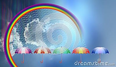 umbrella, rainbow, clouds Cartoon Illustration