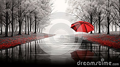 Rainy landscape in black, white and red. Winter time. AI generated Stock Photo