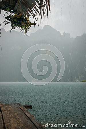 Rainy landscape at Chieou Laan lake in Thailand Stock Photo