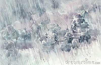 Rainy landscape in the countryside watercolor background Stock Photo