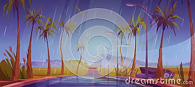 Rainy landscape road with palm trees by sides Cartoon Illustration