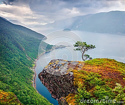 Rainy morning view of Tingvollfjorden flord, Sunndal Municipality in More og Romsdal county. Great aerial scene in Norway, Europe Stock Photo