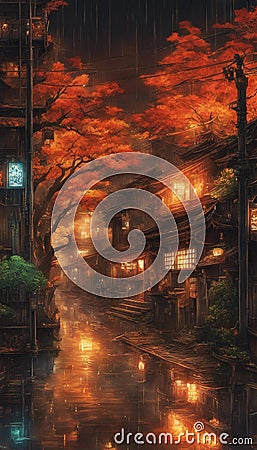 rainy night in autumn, Japan Digital art Stock Photo